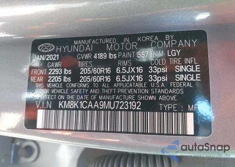2021 Hyundai Kona Se z USA, uszkodzony, nr VIN KM8K1CAA9MU723192